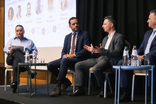 Pharma.Aero 10th Anniversary Symposium, Brussels – Panel, from left to right: Suyin Aerts, moderator; Geert Aerts, Chief Cargo & Real Estate Officer, Brussels Airport; Nathan De Valck, CEO, Ostend-Bruges Airport, Antwerp Airport; Jimmy Nares, Chief of Cargo Development, Miami International Airport